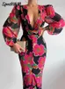 Casual Dresses Floral Print V Neck Sexy BodyCon Long Dress Women Long Sleeve SingleBreasted Dresses 2022 Spring Female Party Beach Vestidos Z0216