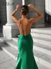 Casual Dresses FSDA 2021 Midi Green Satin Backless Dresses Women Sleeveless Off Shoulder Club Sexy Bodycon Dress Party Summer Outfits Z0216