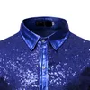 Camisas casuais masculinas se lantejous vermelhas de lantejoulas de boate camisa de vestido smok