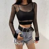 Camicette da donna Camicie Sexy Hip Hollow Fishnet See-through Women Girl O Neck Crop Top Manica lunga Prospettiva ShirtWomen's