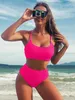 Hot Sisters High Taille Bikini 2023 vrouwen zwempak textureerde zwemkleding groen tweedelig bikini's set vrouwen badpak badpakken zomer plus maat s-2xl badpak