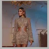 Casual Dresses Evening Women's 2023 Solid Round Neck Long Sleeve Sexig Dress Mesh Sequin Party Wrap Hip Skirt Vestidos de Mujer