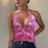 Women's Tanks 2023 Trendy Sexy Backless Solid Female Camisole Sleeveless Deep V Neck Halter Glitter Rhinestone Hollow Out Mesh Grid Party