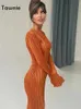 Casual jurken tawnie 2023 Lente zomer y2k oranje bodycon maxi jurk vrouwen elegante lange mouw geplooide jurk casual slanke plisse jurken z0216