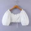 Women's Blouses Summer White Crop Top vrouwen korte mouw kanten blouse stropdas vooraan mode 2023 puff