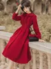 Casual Kleider Herbst Kleid Bowknot Band Langarm Rot Retro Für Frauen Chic Zweireiher Jacke Vestido Midi Ropa Mujer