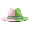 New Lime Green and Pink Patchwork Fedora Hats for Women Party Wedding Top Hat Wide Brim Men Felt Hat Jazz Cowboy Panama Cap