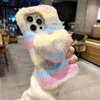 3D Love Heart Stripes Fluffy Fur Cases For Iphone 15 14 Pro Max 13 12 11 XR XS X 8 7 Plus Fashion Soft TPU Rainbow Animal Bling Diamond Genuine Rabbit Hair Cute Lovely Cover