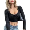 Kvinnors T -skjortor Kvinnor lindade Pleat Crop Top Casual Long Sleeve Blus Summer Sexig fyrkantig hals