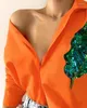 Chemisiers pour femmes Contraste Sequin Feuille Motif Chemise Boutonnée Orange Conception Unique 2023 Automne Europe Et Amérique Mode Femmes
