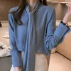 Women's Blouses Shirts H Han Queen Spring Autumn Simple Office Lady Blouse Female Shirt Bow Tops Long Sleeve Casual Korean OL Style Loose Blouses Women 230303