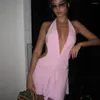 Casual Dresses Xikttop Asymmetrical Ruched Deep V Halter Mini Women Sexig Club Outfits Y2K kläder rosa svart backless klänning grossist