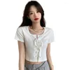 Kvinnors T-skjortor Sommarkvinnor Solid Kort ärmar O-Neck Crop Tops Tiny Girls Long String Cross Bandage Tshirt Slim Streetwear Fashion