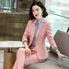 Women's Two Piece Pants Women Formal Blazer And Pant Suit Red Black Blue With Slanted Pockets Single Button Jackets Pieces Set For Office