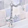 Mutfak muslukları cilalı krom pirinç banyo havzası lavabo musluk mikseri musluk döner spout çift çapraz kollar seramik taban tek delik msf664