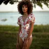 Damskie stroje kąpielowe seksowne nadrukowane krótkie puff -rękaw V Szybkość kąpielowa 2022 One Piece Slim Backless Swimsuit Puss Up Plus Size Bikini Fashion T230303