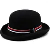 Boinas Simple Australia Lana Fieltro Negro Bowler Hat para hombres Mujeres Pluma Satén Forro Casual Formal Fedora 56-58 cm