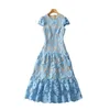 2023 Pink / Blue Paneled Floral Lace Dress Cap Sleeve Round Neck Holow Out Midi Casual Dresses S3M020302 Plus Size XXL