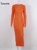 Casual Dresses Tawnie 2023 Spring Summer Y2K Orange Bodycon Maxi Dress Women Elegant Long Sleeve Pleated Dress Casual Slim Plisse Dresses Z0216