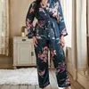 Kvinnors sömnkläder 5xl stor storlek Satin Kvinnors kofta tryckt mantel med lång byxa pyjamas Set Loose conuntos feminino elegante damer kostymer 230303