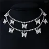 Choker Trendy urocze mrożone naszyjniki motyla dla kobiet mężczyzn złoty srebrny kolor łańcucha tenisowego Zwierzęta wisiorek dhinestone biżuteria