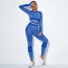 Active Sets Seamless Striped Yoga Set Sports Fitness High Waist Hip Raise Pants Long-Sleeve Suits Workout Clothes Gym Leggings For Women