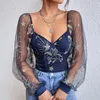 Women's Blouses Churses Sexy Mesh Perspective Long Sleeveved Short Tops Borduurde pullover Fashion Spicy Girl Blouse Women Slim 2023