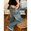 Kvinnors jeans blå kvinnors rak jeans hög midja amerikansk stil streetwear vintage byxor chic design casual damer denim wide ben byxa 230303