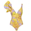 Dames zwemkleding luxe vrouw badkleding ruche uit één stuk zwempakken met strandjurken 2022 v-hals vintage badpakken bikini bloemen-print t230303