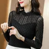 Damesblouses tingyili ruche stand kraag polka stip mesh top dames lente pure lage mouw sexy blouse Koreaanse stijl dames groen zwart