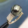 Anelli a grappolo D602 Anello di perle Fine Jewelry Soid Oro 18 carati Rotondo 9-10mm Natura Acqua di mare Tahiti Perle nere Per le donne Regali