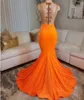 Mordern Orange Satin Mermaid Prom Dresses per le donne arabe 2023 Sheer Neck Sweep Train Appliques in pizzo Plus Size Abiti da sera convenzionali