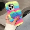 3D Love Heart Stripes Fluffy Fur Cases For Iphone 15 14 Pro Max 13 12 11 XR XS X 8 7 Plus Fashion Soft TPU Rainbow Animal Bling Diamond Genuine Rabbit Hair Cute Lovely Cover