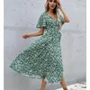 Vestidos casuais khalee yose vestido de embrulho estampado floral boho vintage outono chic mulheres verde dividir vasta vil de férias sexy mulheres mulheres