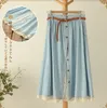 Skirts Summer Women Cotton Denim Skirt Lace Patchwork Single Breasted Pleated Jean Long