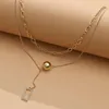 Choker dubbelskikt kort kedja halsband trendiga chokers för kvinnor flicka gyllene färg boll strass ram hänge