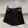 Shorts pour femmes Mode d'hiver Côté chaîne en métal Design Denim lavé Femmes Taille haute Plus Velours Noir