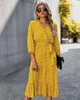 Sıradan Elbiseler Polka Dot Midi Elbise Kadınlar İçin Bahar Moda Üç Çeyrek V Boyun Kemer Zarif Bayanlar Boho Beach Vestidos