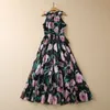 2023 Summer Black Floral Print Ruffle 4M Chiffon Dress Sleeveless Round Neck Midi Casual Dresses S3M020302