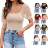 Koszulki damskie damskie kropki kropka Puff Short Sleeve koszulka kwadratowa szyja żebrowana bodycon pullover top