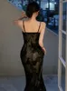 Casual Dresses Lace Black Elegant Women Dress Vintage Strap Embroidery Floral Mermaid Midi Club Gown Robe Femme Ropa Sexy Mujer Verano Vestidos Z0216