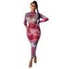 Casual jurken ZOCTUO MESH ZIJE MAXI JUIL AUTUND MADE MONDER PRINT SEXY BODYCON Lange mouw Club Paety voor Womencasual