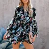 Casual Dresses 2023 Autumn Short Skirt Printed Suit Bow Tie Buttoned Feminine Dress High Waist Lantern Sleeve Irregular Women