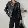 Women's Leather Faux Korean Vintage Women Rivet Embroidered Biker Motorcycle Black Ladies Short PU Jacket