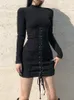 Casual Dresses HEYounGIRL Tie Up Bandage Black Bodycon Dress Autumn Basic Long Sleeve Knitted Mini Ladies Skinny Winter Fashion 230302