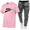 New Summer Clothes Fashion Man Tracksuits Brand LOGO Print Solid Color Sleeve T Shirt Trousers Suit Long Pants Street Clothes Men Clothing Set Plus Size XS-2XL