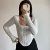 Kvinnors T -skjortor Autumn Long Sleeve Casual Crop Top Women White 2023 Ruched Line Square Neck Skinny Basic Tee Y2k Tees Yuqung