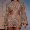 Casual Dresses Evening Women's 2023 Solid Round Neck Long Sleeve Sexig Dress Mesh Sequin Party Wrap Hip Skirt Vestidos de Mujer