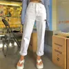 Jean femme ZCWXM blanc déchiré femmes taille haute poches décontracté pantalon droit jambe large grande taille Jean Femme Streetwear pantalon