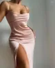 Casual Dresses Side Slit Satin Backless Cami Dress For Women Fashion V-Neck Chic Sexy Midi Skinny Party Night Out Wedding Guest